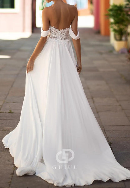Simple A-Line Off-Shoulder Corset Tulle Beach Wedding Dress