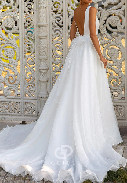 A-Line Spaghetti Straps V-Neck Backless Lace Wedding Dress