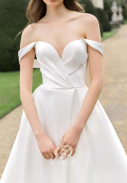 A-Line Off-Shoulder Sweetheart Slit Satin Wedding Dress