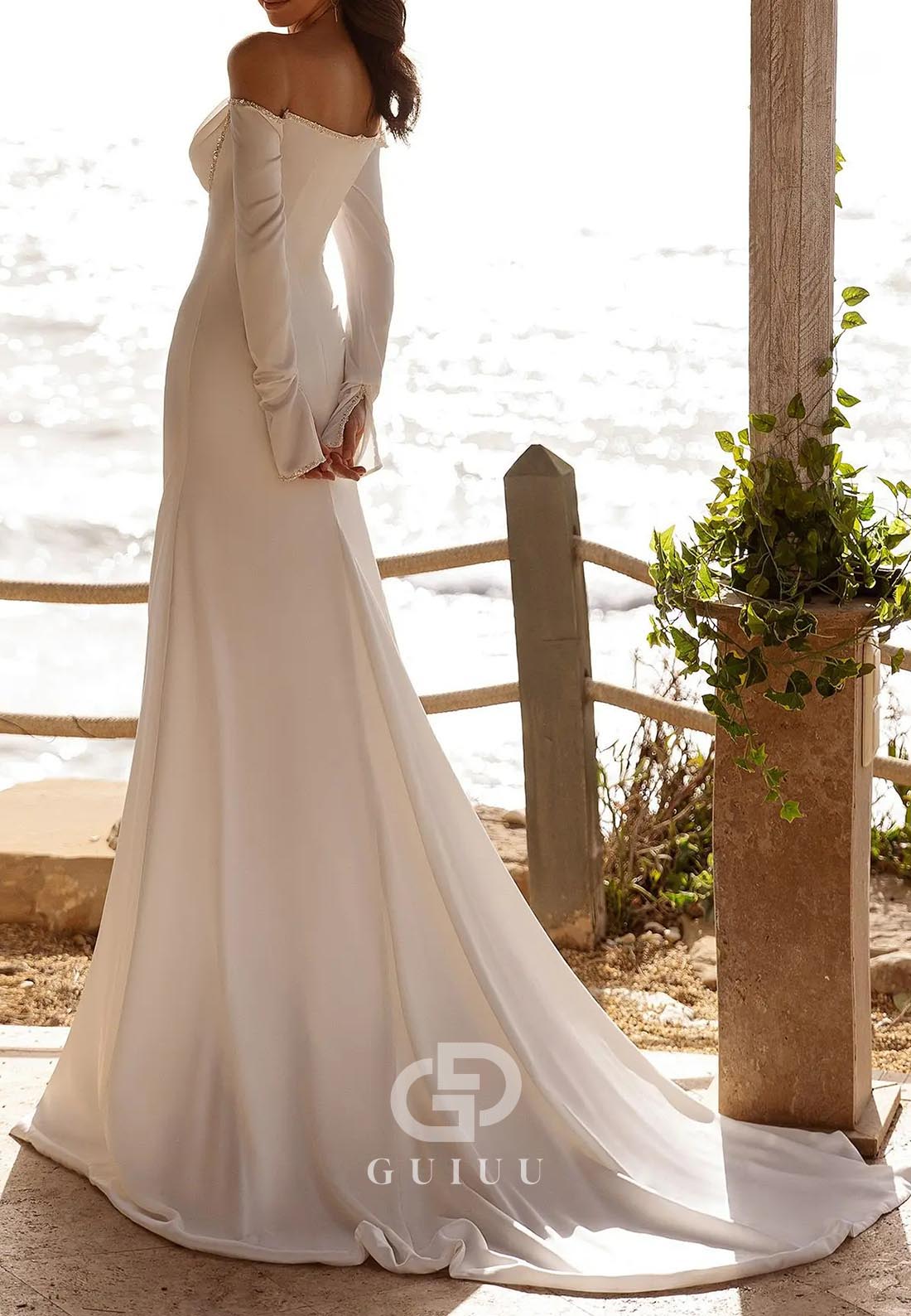 Long Sleeves Off-Shoulder Sweep Train Satin Wedding Dress