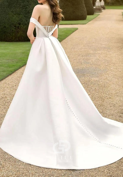 A-Line Off-Shoulder Sweetheart Slit Satin Wedding Dress
