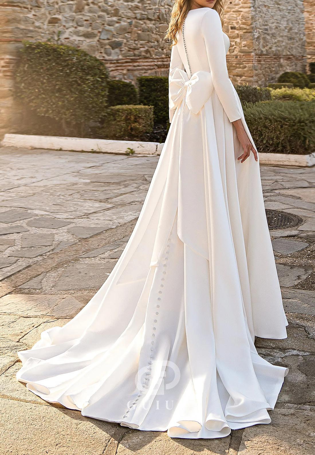 Elegant A-Line Long Sleeves Scoop Empire-Waist Satin Wedding Dress
