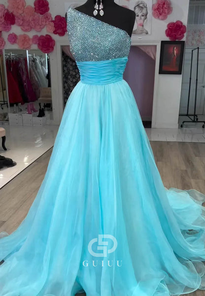Sparkly Sky Blue Long Beading A-Line Prom Dress