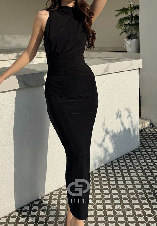 Simple High Neck Sleeveless Ruched Empire-Waist Evening Dress