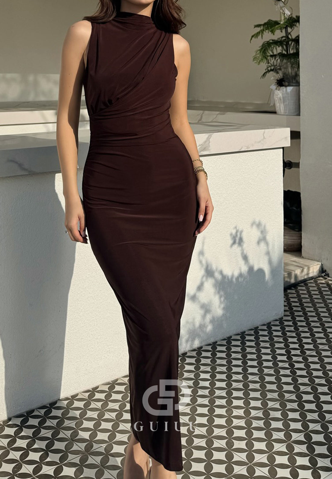 Simple High Neck Sleeveless Ruched Empire-Waist Evening Dress