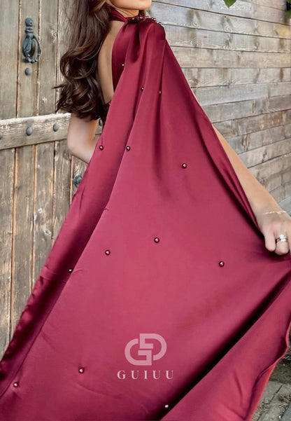 Simple Halter Sleeveless Ruched Sheath Prom Dress