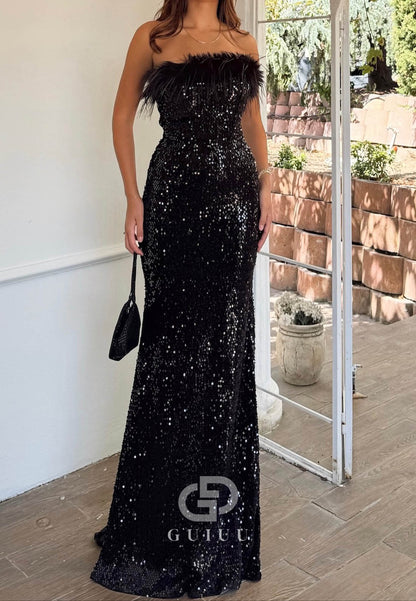 Black Sleeveless Strapless Feathers Sequins Sheath Prom Dress
