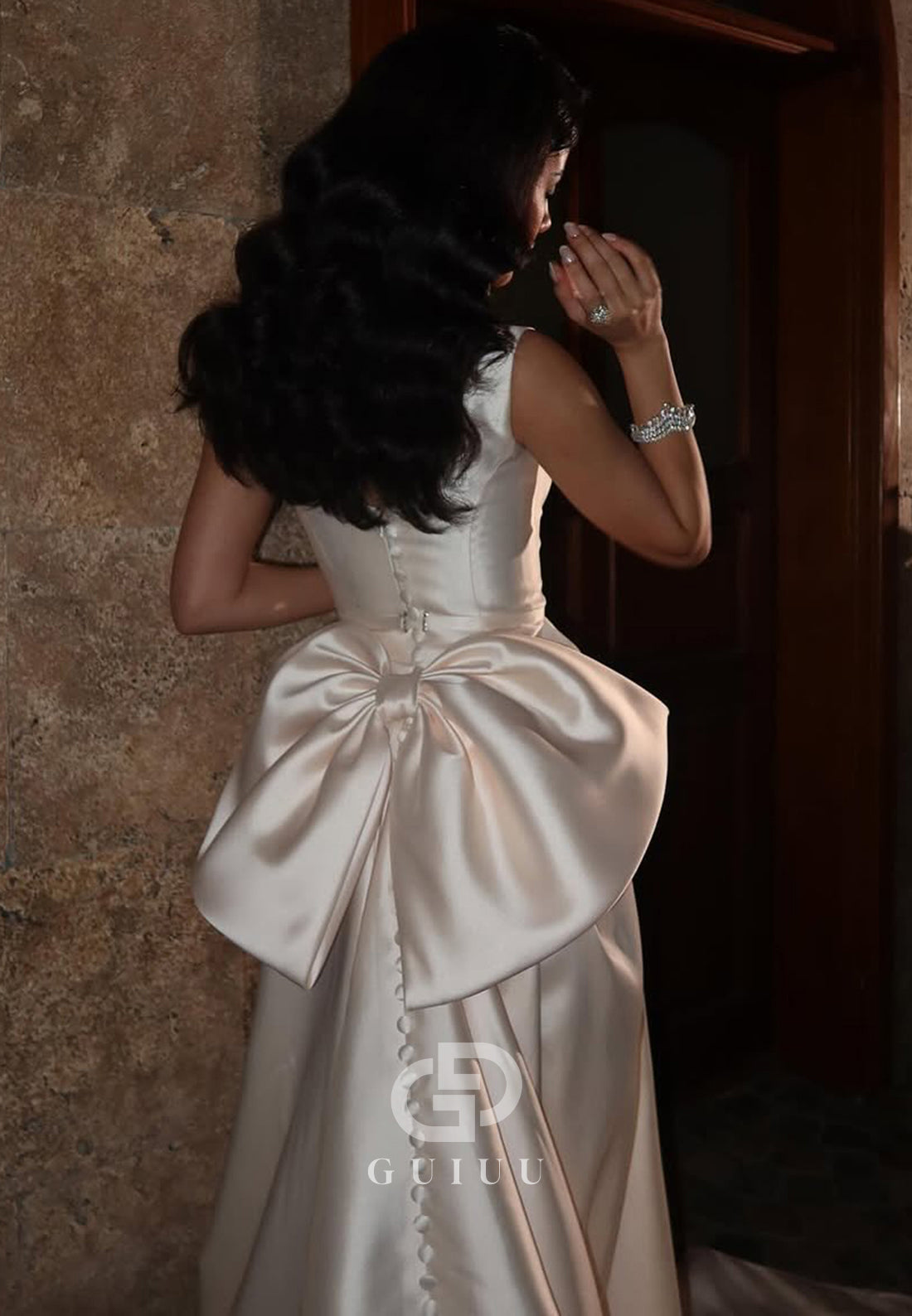 A-Line Spaghetti Straps Square Sweep train Bowknot Prom Dress