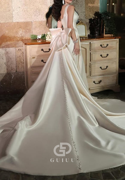 A-Line Spaghetti Straps Square Sweep train Bowknot Prom Dress