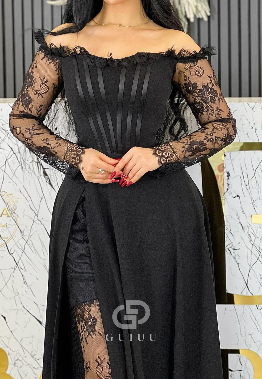 Black A-Line Long Sleeves Off-Shoulder Slit Evening Dress