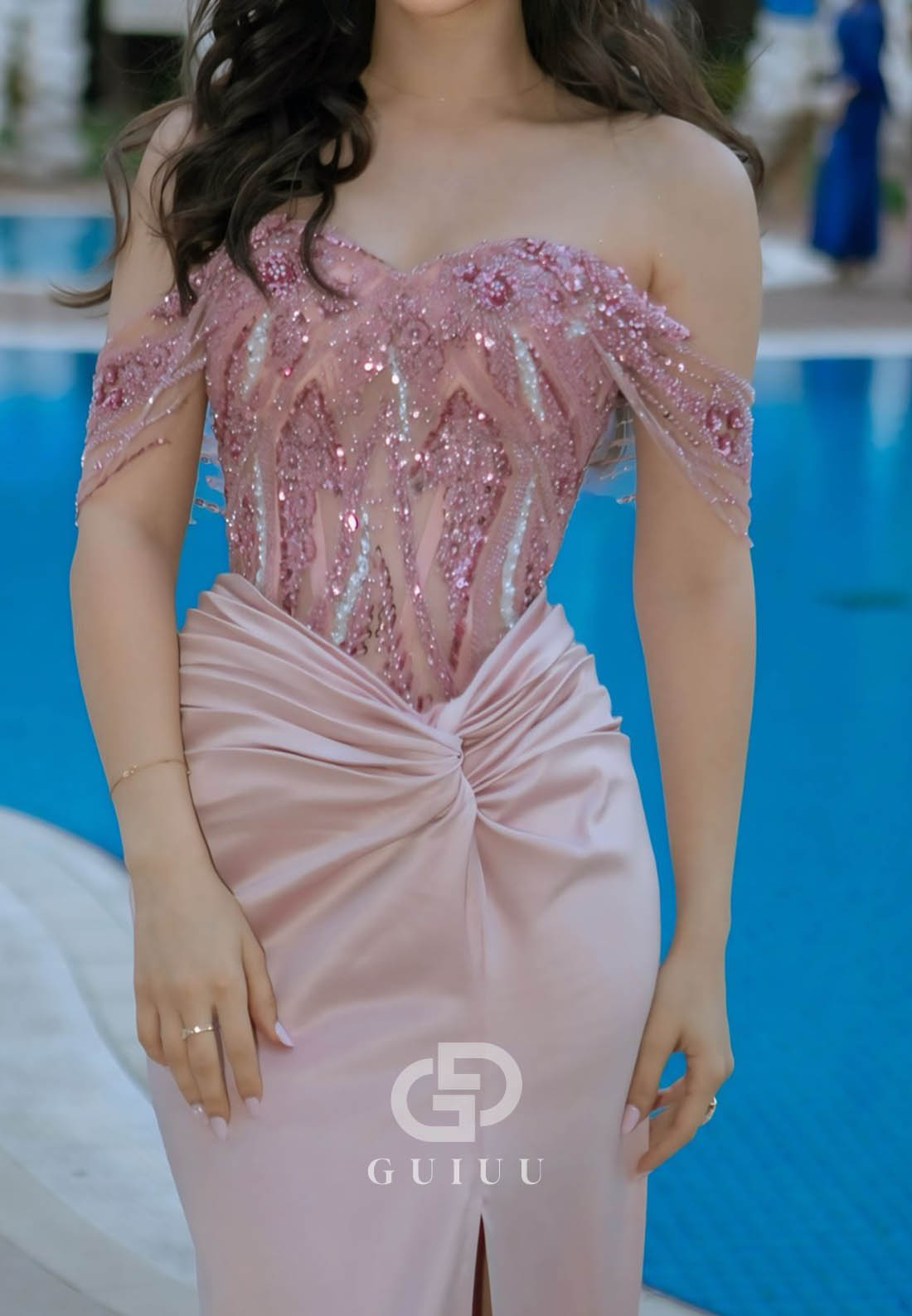 Blushing Pink Sleeveless Strapless Sequins Slit Prom Dress