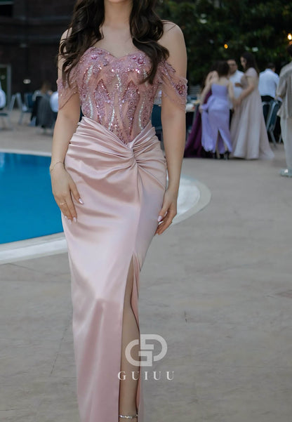 Blushing Pink Sleeveless Strapless Sequins Slit Prom Dress