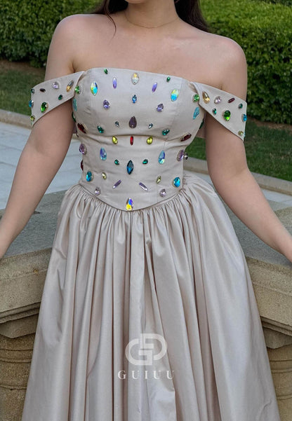 Simple Off-Shoulder Sleeveless Beads A-Line Prom Dress