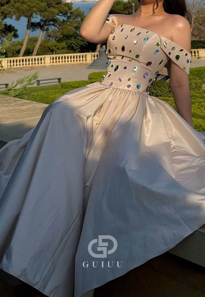 Simple Off-Shoulder Sleeveless Beads A-Line Prom Dress