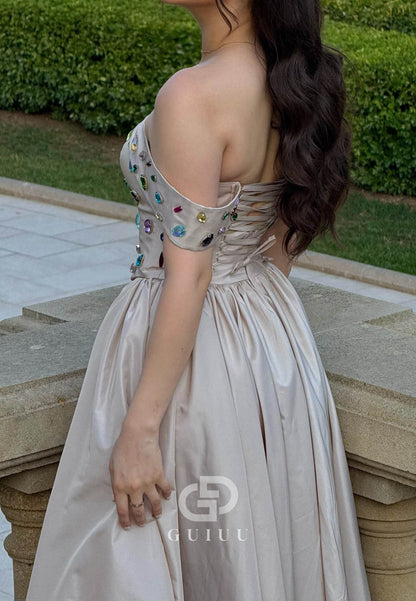 Simple Off-Shoulder Sleeveless Beads A-Line Prom Dress
