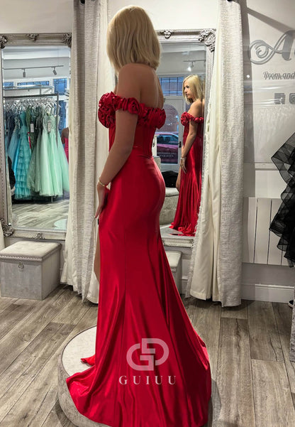 Red Sleeveless Off-Shoulder Slit Corset Tulle Ruched Prom Dress
