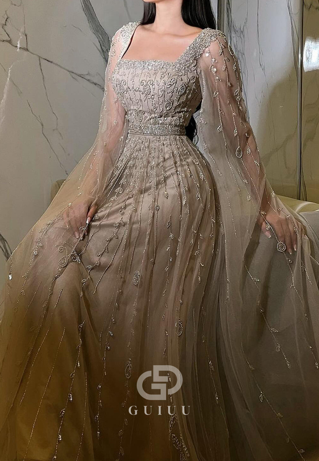 A-Line Long Sleeves Square Sequins Lace Evening Dress