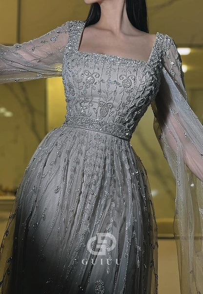 A-Line Long Sleeves Square Sequins Lace Evening Dress