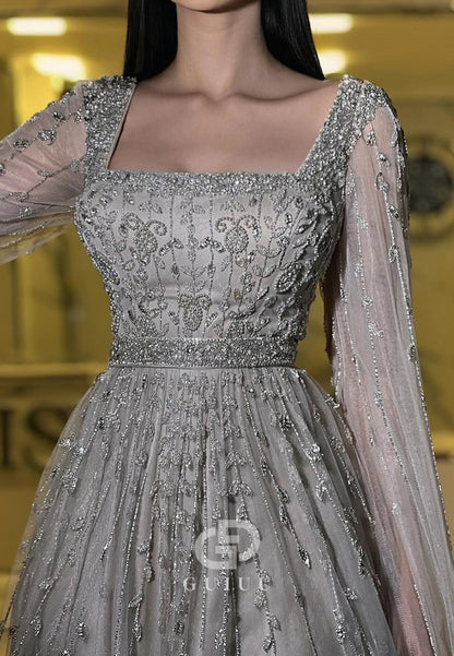 A-Line Long Sleeves Square Sequins Lace Evening Dress