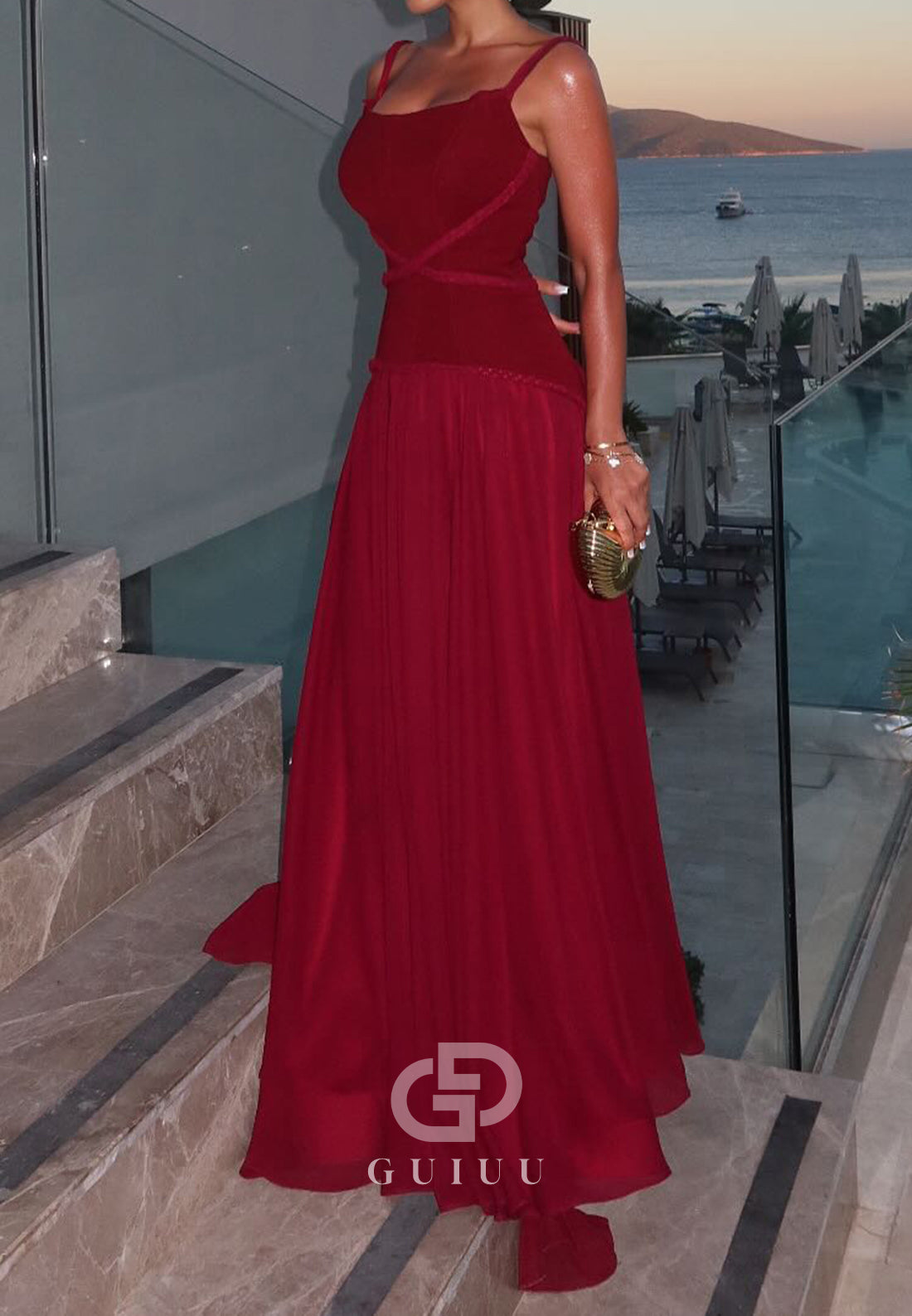 Burgundy Spaghetti Straps Scoop A-Line Prom Dress