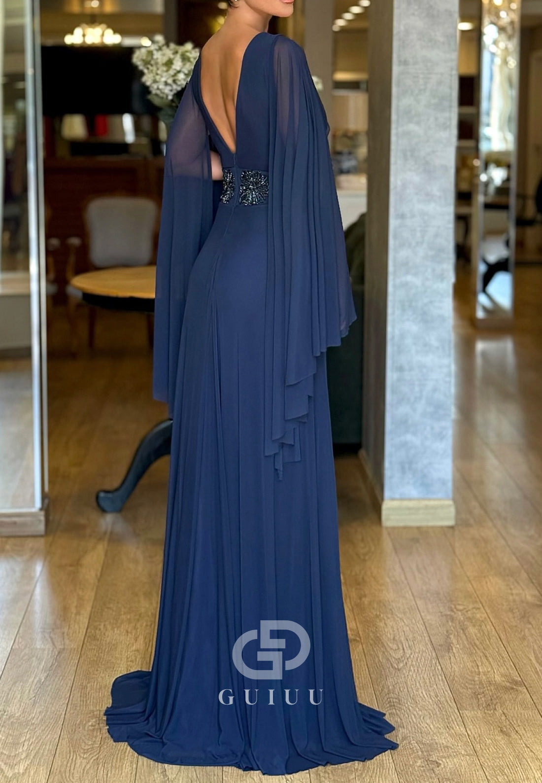 Dark Navy Cap Sleeves V-Neck Appliques Chiffon Mother of the Bride Dress