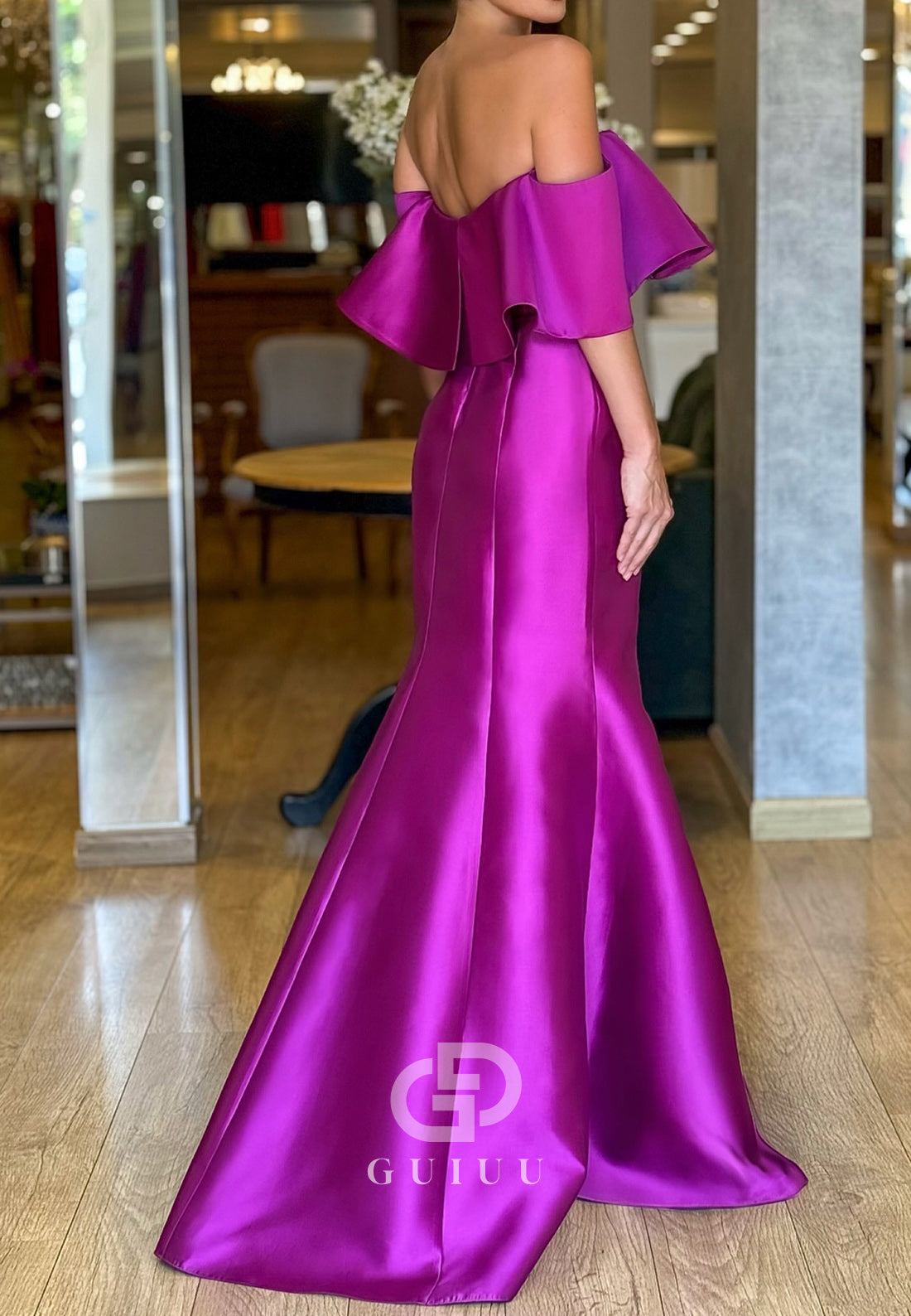 Orchid Mermaid Odd-Shoulder Cap Sleeveless Ruched Satin Mother of the Bride Dress