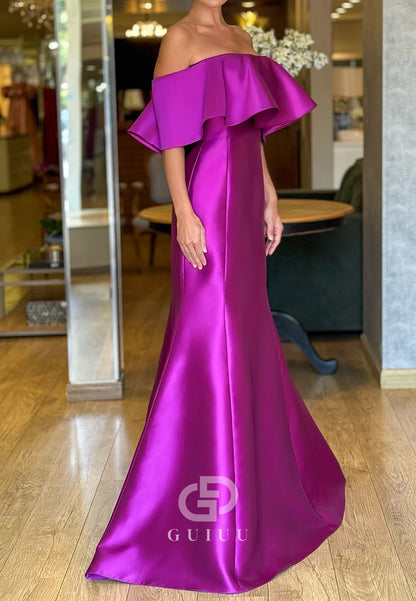 Orchid Mermaid Odd-Shoulder Cap Sleeveless Ruched Satin Mother of the Bride Dress