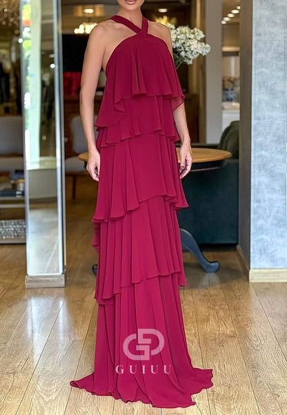 Simple A-Line Halter Sleveless Ruffles Chiffon Mother of the Bride Dress.