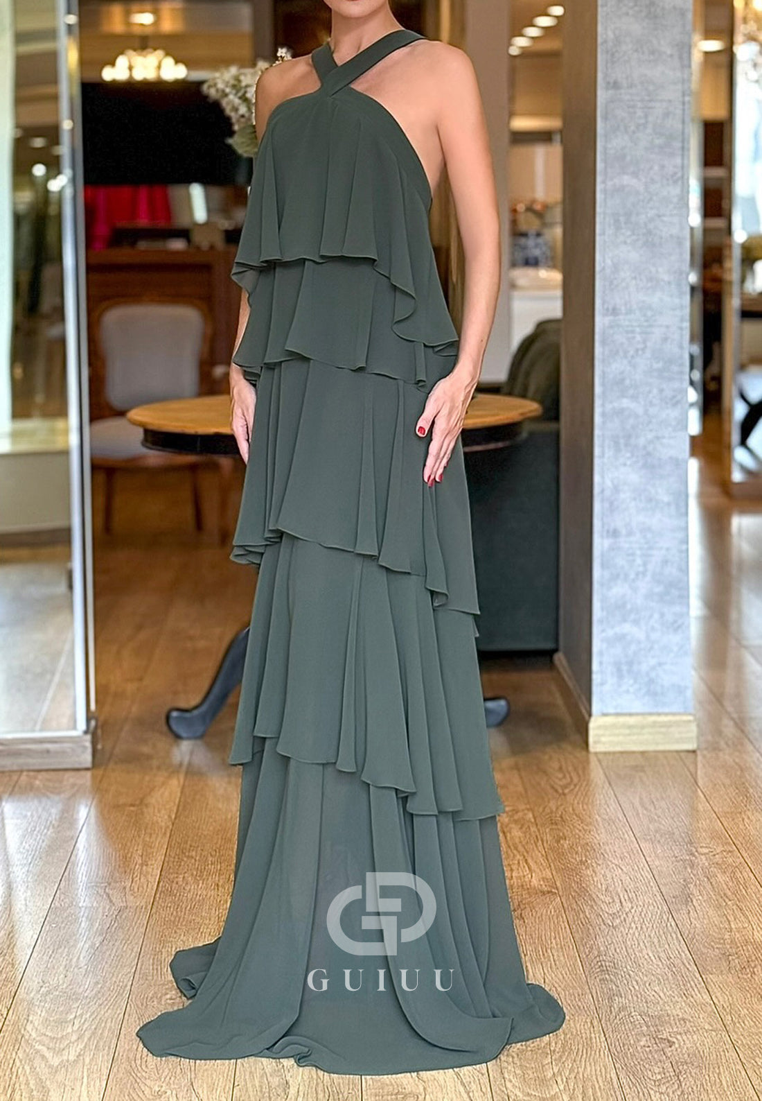 Simple A-Line Halter Sleveless Ruffles Chiffon Mother of the Bride Dress.