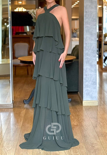 Simple A-Line Halter Sleveless Ruffles Chiffon Mother of the Bride Dress.