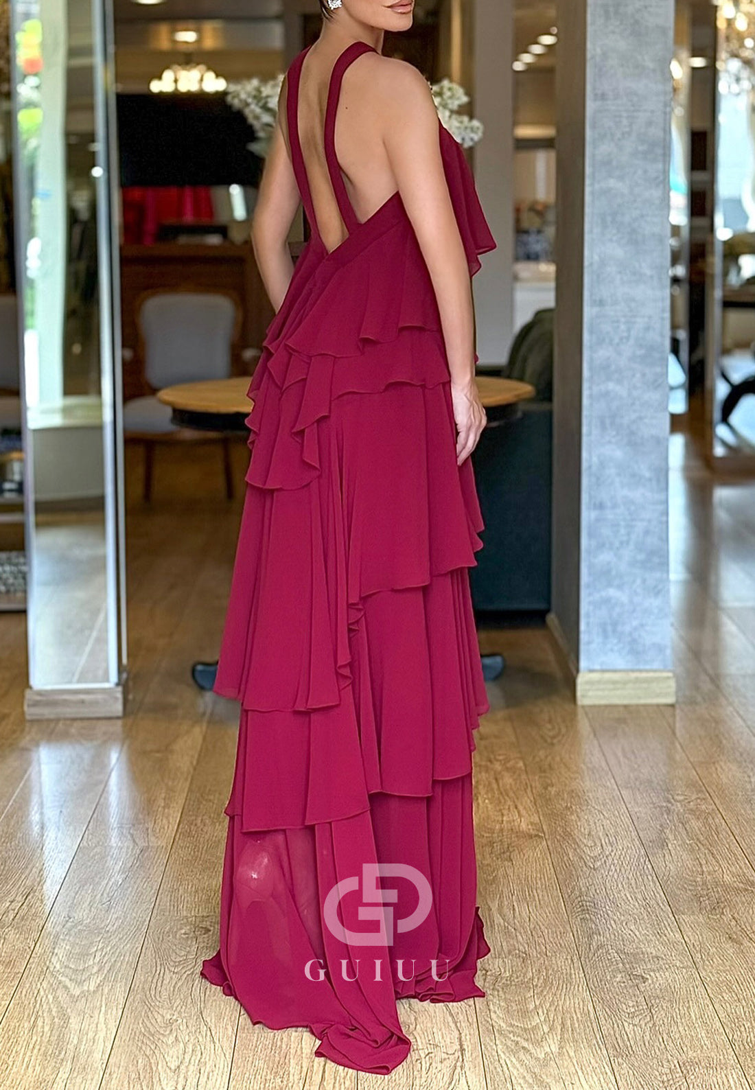 Simple A-Line Halter Sleveless Ruffles Chiffon Mother of the Bride Dress.