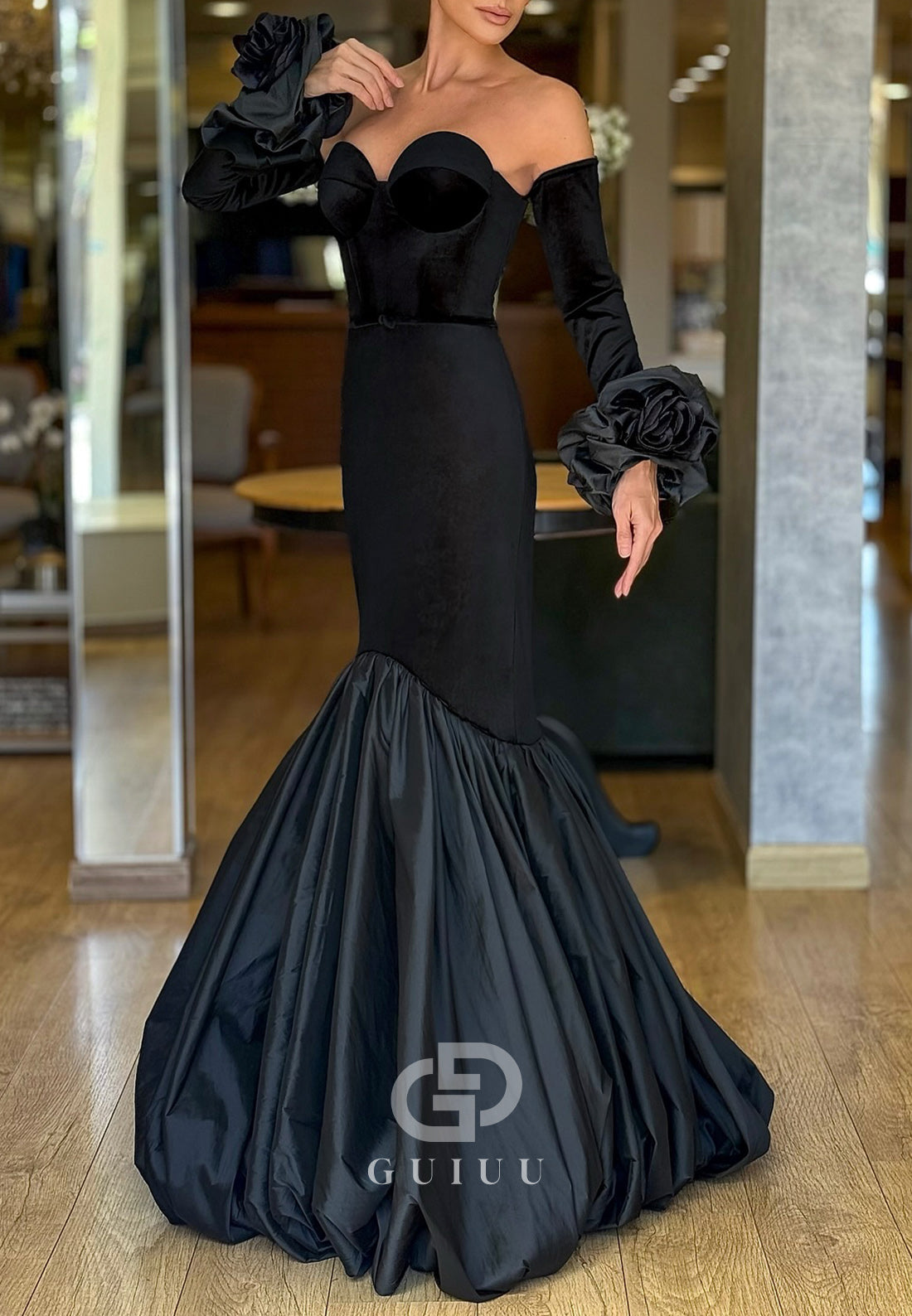 Black Long Sleeves Sweetheart Corset Mermaid Evening Dress