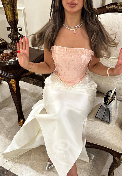 Simple Sleeveless Strapless Sequins Ruched Slit Prom Dress