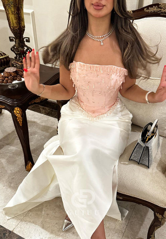 Simple Sleeveless Strapless Sequins Ruched Slit Prom Dress