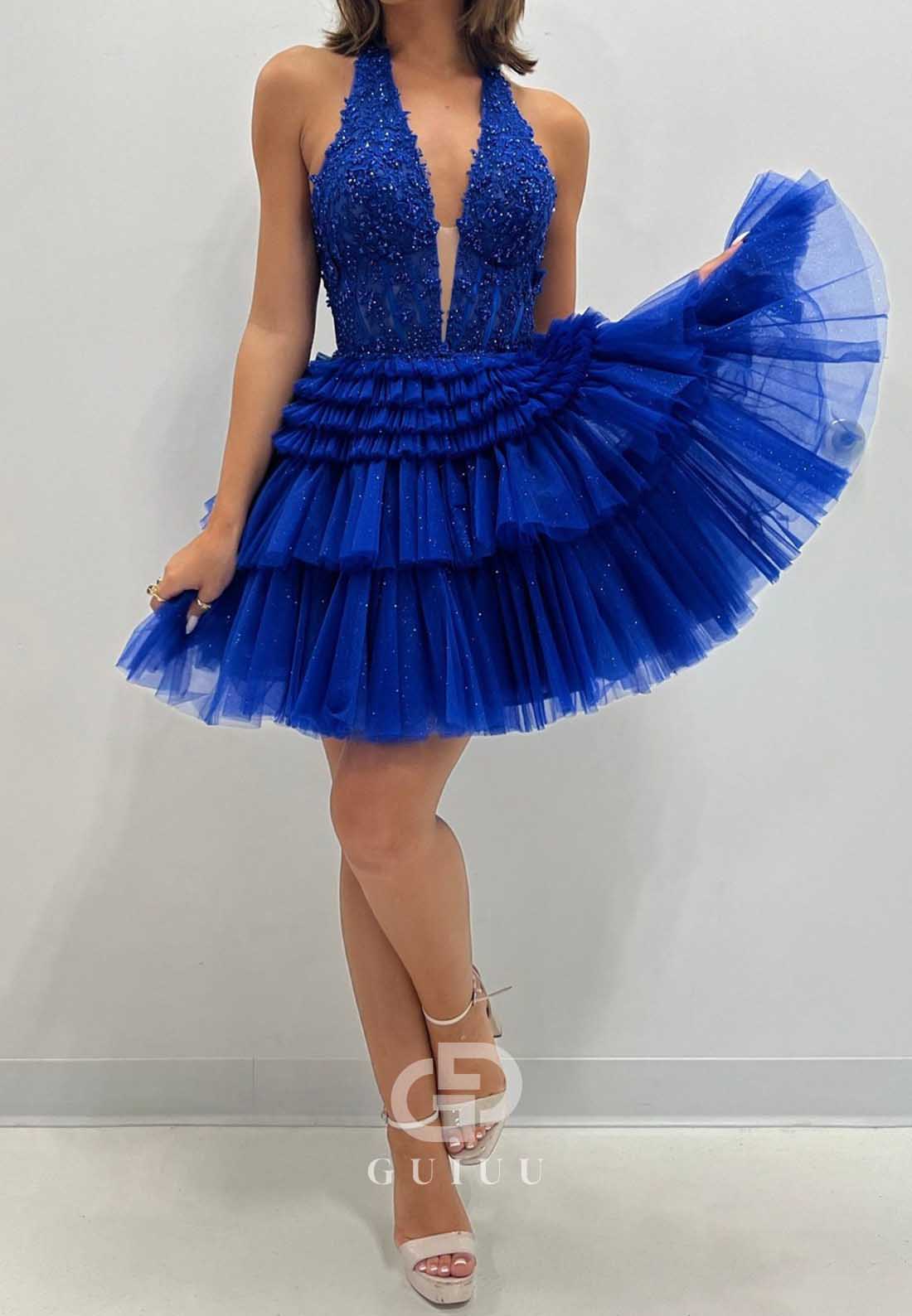 Royal Blue Spaghetti Straps Sleeveless Ruffles Homecoming Dress