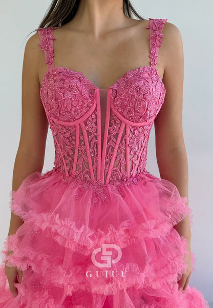 Flamingo A-Line Sweetheart Prom Dress with Slit Ruffles Evening Party Dress