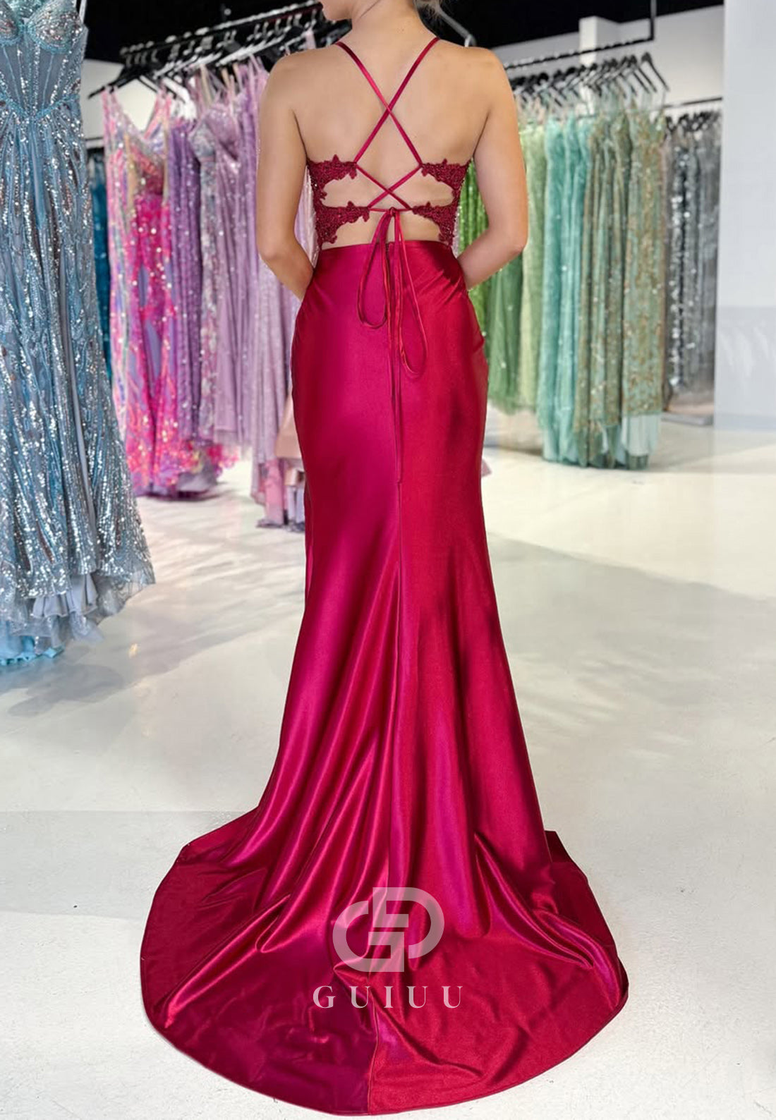 Sheath Spaghetti Straps V-Neck Prom Dress with Slit Ruched Evening Party Dress