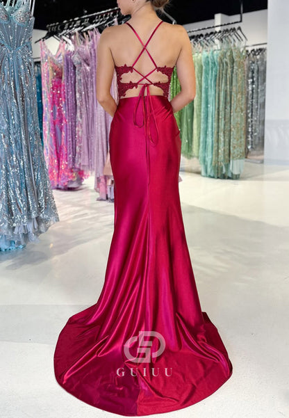 Sheath Spaghetti Straps V-Neck Prom Dress with Slit Ruched Evening Party Dress