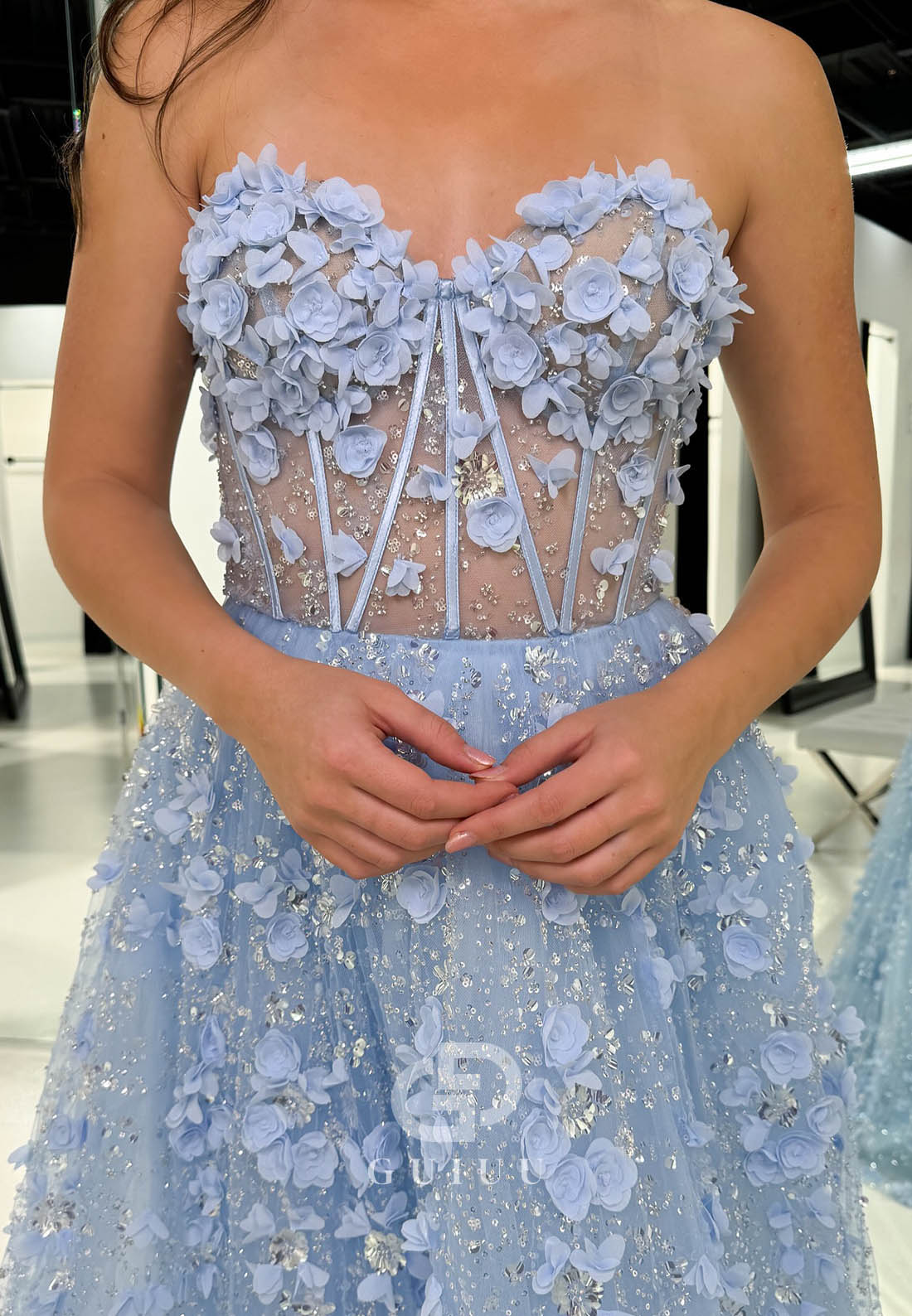 Sky Blue Spaghetti Straps Sweetheart Corset Tulle Prom Dress