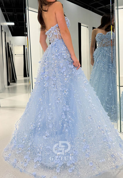 Sky Blue Spaghetti Straps Sweetheart Corset Tulle Prom Dress