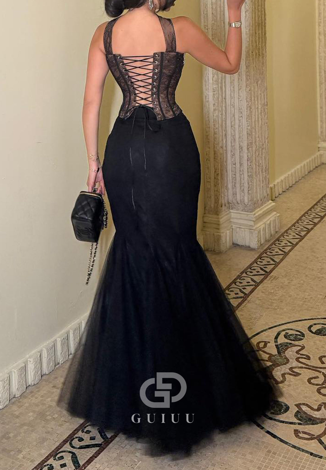 Black Spaghetti Straps Sweetheart Corset Mermaid Prom Dress