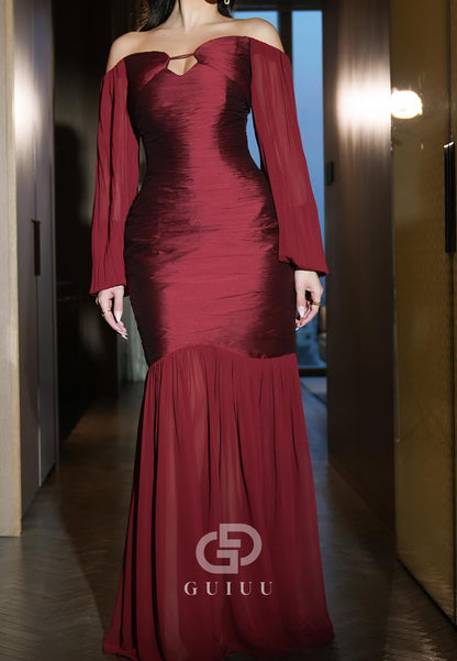 Burgundy Long Sleeves Off-Shoulder A-Line Evening Dress