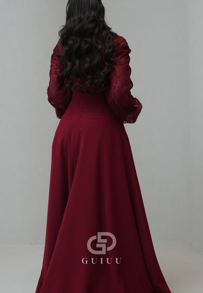 Burgundy Long Sleeves V-Neck Empire-Waist Evening Dress