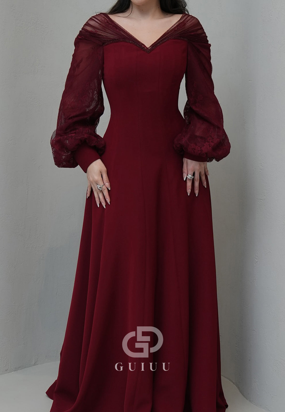 Burgundy Long Sleeves V-Neck Empire-Waist Evening Dress