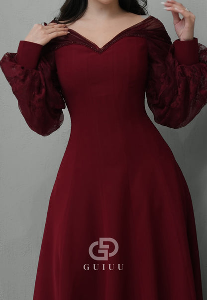 Burgundy Long Sleeves V-Neck Empire-Waist Evening Dress