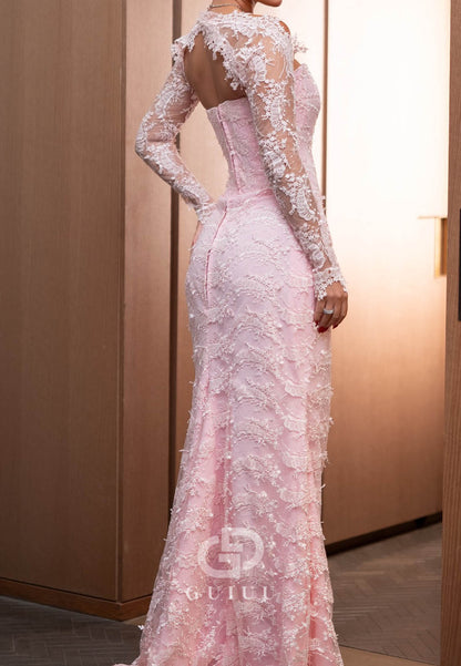 Blushing Pink Long Sleeves Square Appliques A-Line Evening Dress