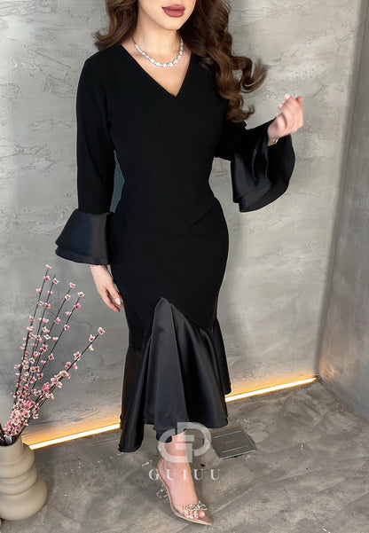 Black Mermaid Long Sleeves V-Neck Velvet Evening Dress