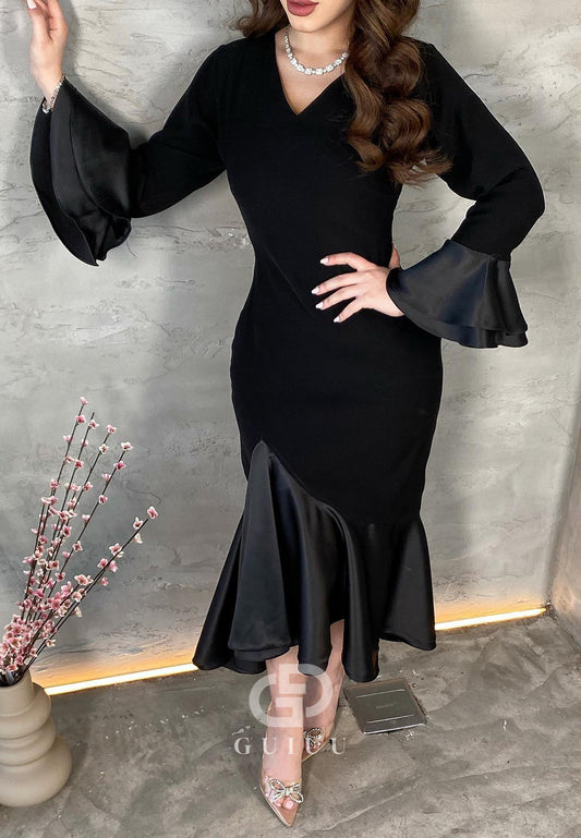 Black Mermaid Long Sleeves V-Neck Velvet Evening Dress