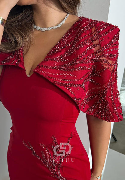 Red Sheath Short Sleeves Sequins Ankle-Length Evening Dress