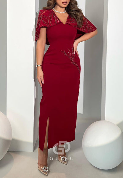 Red Sheath Short Sleeves Sequins Ankle-Length Evening Dress